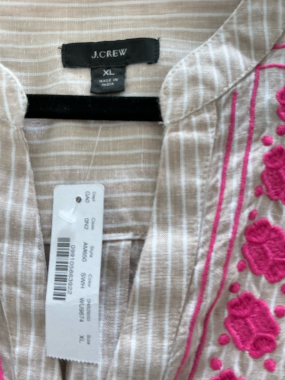J. Crew Tan and White Striped Linen Tunic with Hot Pink Embroidery - Picture 4 of 10